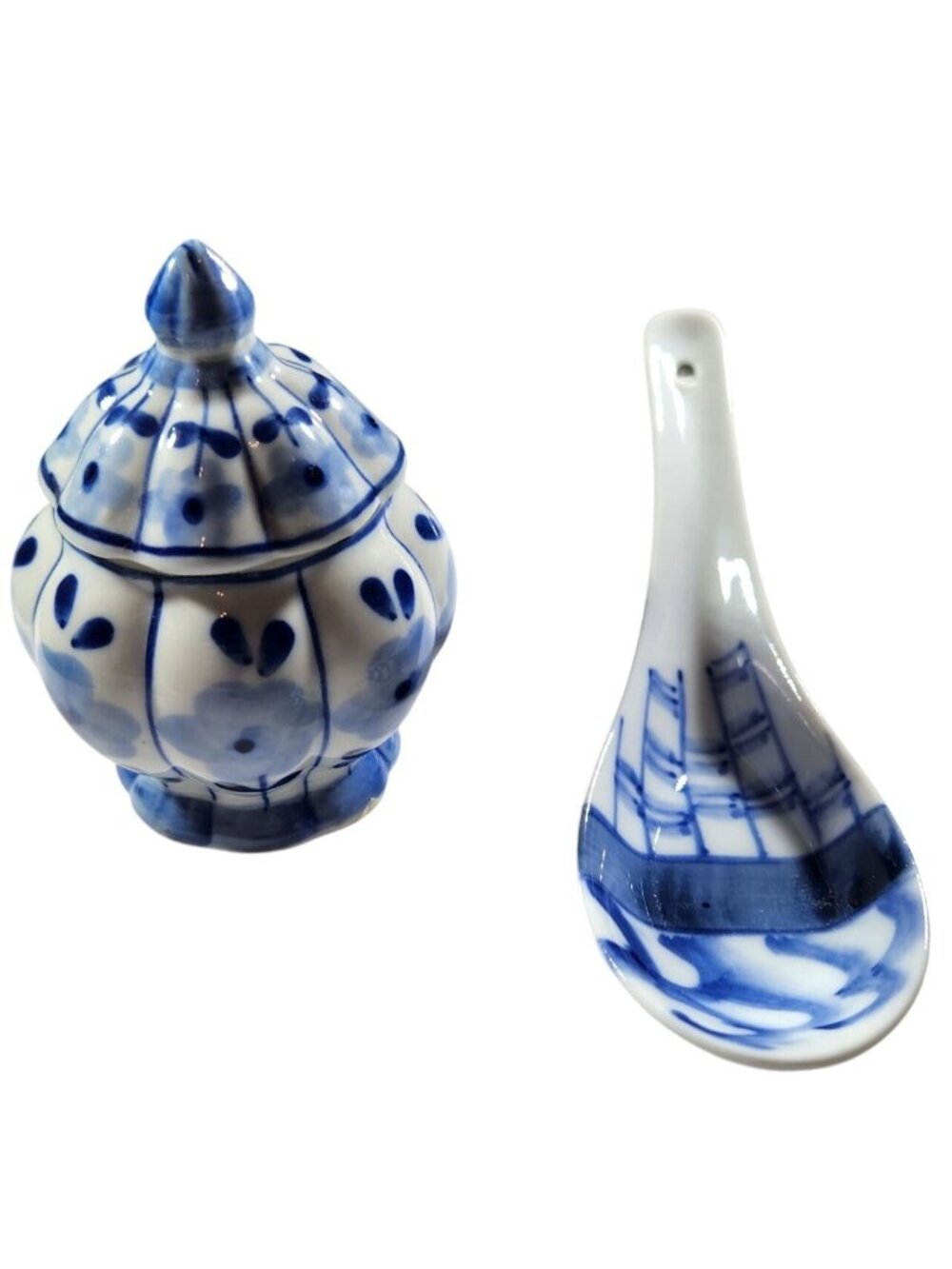 Jar spoon rest Blue White Ceramic country decor floral waves nautical coastal